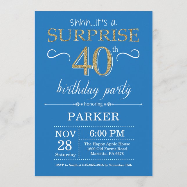 Surprise 40th Birthday Invitation Blue and Gold (Front)