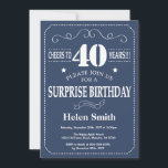 Surprise 40th Birthday Invitation Blue and White<br><div class="desc">Surprise 40th Birthday Invitation Blue and White Typography. Blue Background. Adult Birthday. Male Men or Women Birthday. Kids Boy or Girl Lady Teen Teenage Bday Invite. 13th 15th 16th 18th 20th 21st 30th 40th 50th 60th 70th 80th 90th 100th. Any Age. For further customisation, please click the "Customise it" button...</div>
