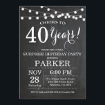 Surprise 40th Birthday Invitation Chalkboard<br><div class="desc">Surprise 40th Birthday Invitation Chalkboard Background with String Lights. Black and White. 13th 15th 16th 18th 20th 21st 30th 40th 50th 60th 70th 80th 90th 100th, Any age. Adult Birthday. Woman or Man Male Birthday Party. For further customisation, please click the "Customise it" button and use our design tool to...</div>