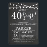 Surprise 40th Birthday Invitation Chalkboard<br><div class="desc">Surprise 40th Birthday Invitation Chalkboard Background with String Lights. Black and White. 13th 15th 16th 18th 20th 21st 30th 40th 50th 60th 70th 80th 90th 100th, Any age. Adult Birthday. Woman or Man Male Birthday Party. For further customisation, please click the "Customise it" button and use our design tool to...</div>