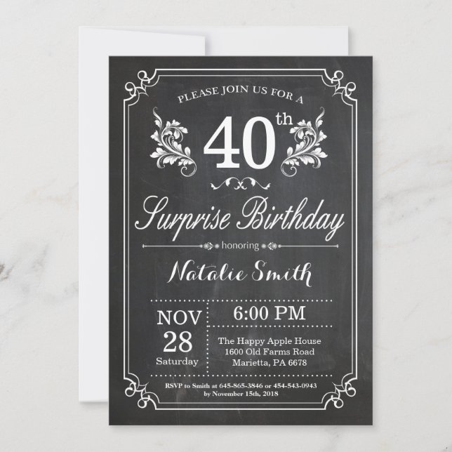 Surprise 40th Birthday Invitation Chalkboard (Front)