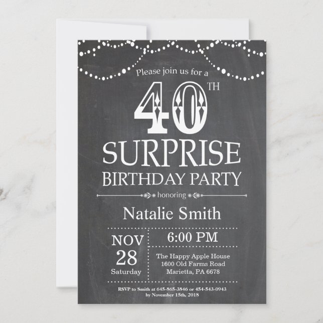 Surprise 40th Birthday Invitation Chalkboard (Front)
