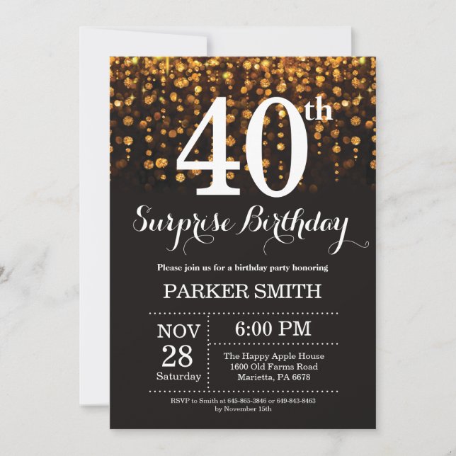Surprise 40th Birthday Invitation Gold Glitter (Front)