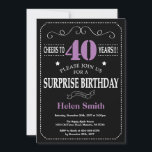 Surprise 40th Birthday Invitation Purple and Black<br><div class="desc">Surprise 40th Birthday Invitation Purple and Black Typography. Chalkboard. Black and White Background. Adult Birthday. Male Men or Women Birthday. Kids Boy or Girl Lady Teen Teenage Bday Invite. 13th 15th 16th 18th 20th 21st 30th 40th 50th 60th 70th 80th 90th 100th. Any Age. For further customisation, please click the...</div>