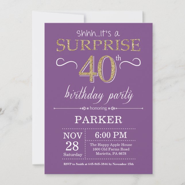 Surprise 40th Birthday Invitation Purple and Gold (Front)
