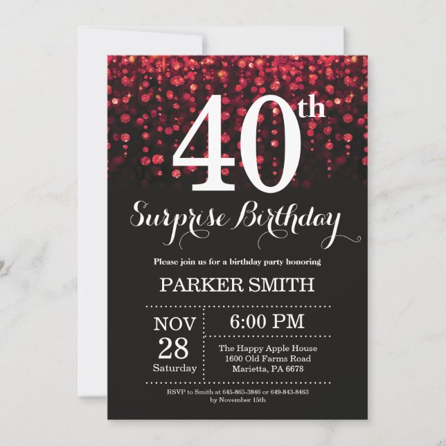 Surprise 40th Birthday Invitation Red Glitter (Front)