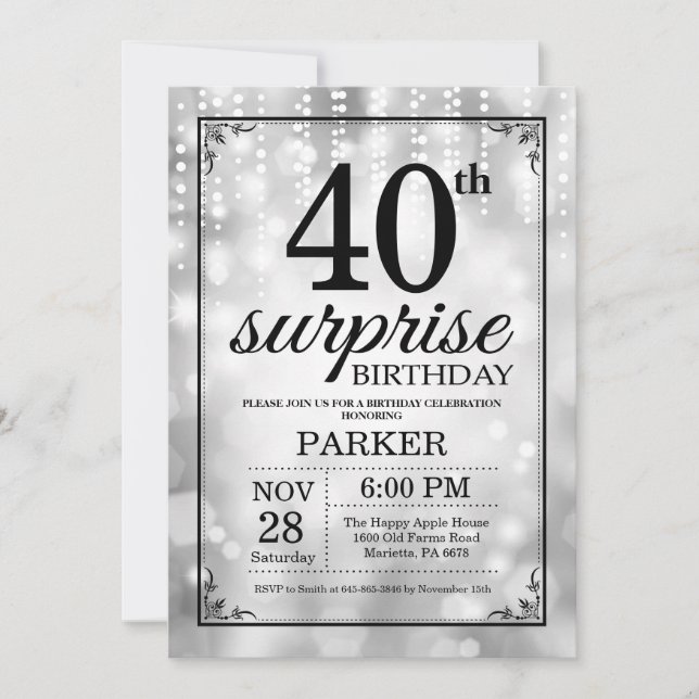 Surprise 40th Birthday Invitation Silver Glitter (Front)