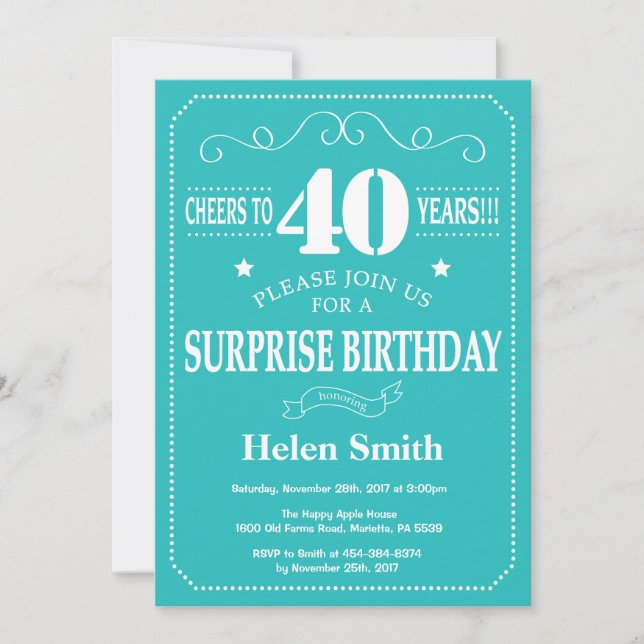 Surprise 40th Birthday Invitation Teal and White (Front)