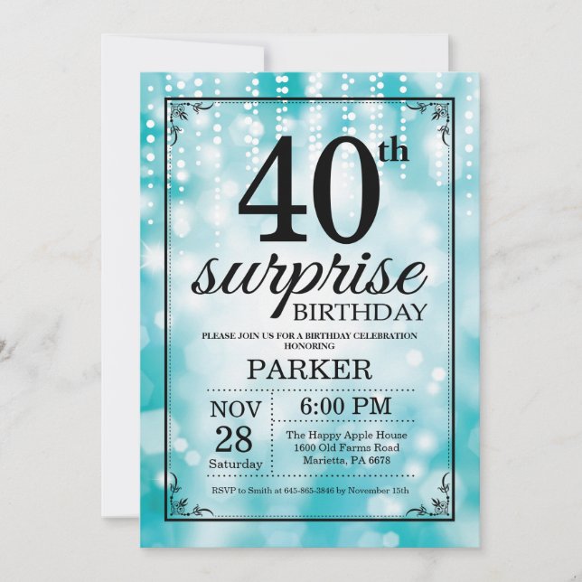 Surprise 40th Birthday Invitation Teal Glitter (Front)