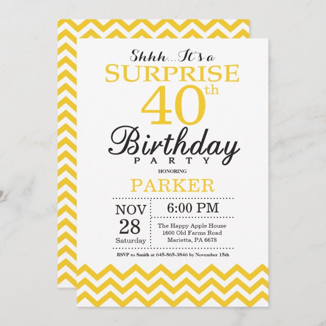Surprise 40th Birthday Invitation Yellow Chevron (Front/Back)