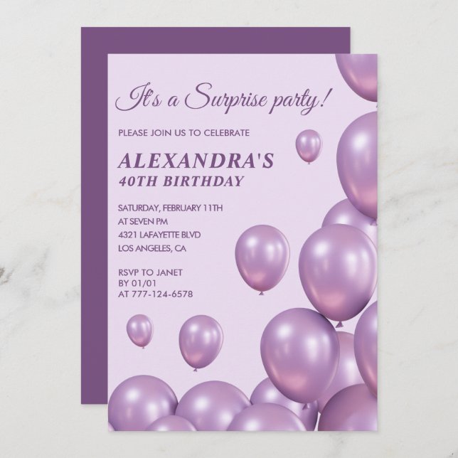 Surprise 40th birthday invitations Balloons Purple (Front/Back)