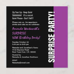 SURPRISE 40th Birthday Modern Black Purple W1466 Invitation