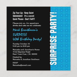 SURPRISE 40th Birthday Modern Turquoise Blue W1435 Invitation