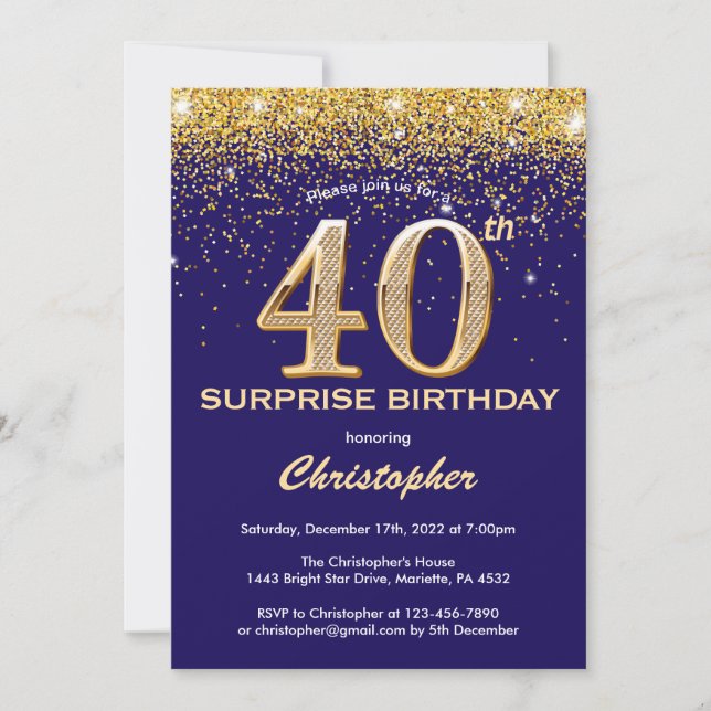 Surprise 40th Birthday Navy Blue and Gold Glitter Invitation (Front)