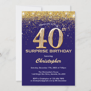 Surprise 40th Birthday Navy Blue and Gold Glitter Invitation