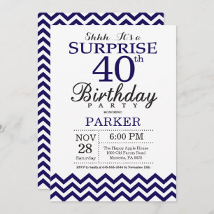 Surprise 40th Birthday Navy Blue Chevron Invitation
