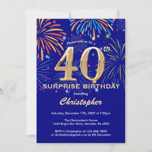 Surprise 40th Birthday Navy Blue & Gold Firework Invitation