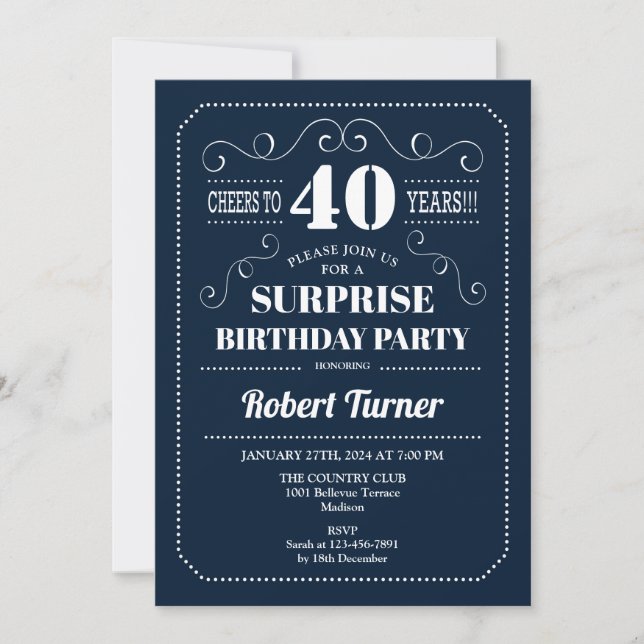 Surprise 40th Birthday - Navy Blue Invitation (Front)