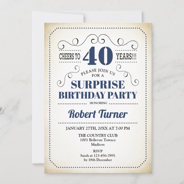 Surprise 40th Birthday - Navy Blue White Black Invitation (Front)
