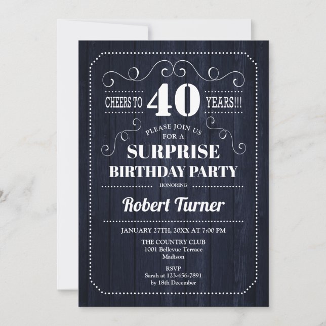 Surprise 40th Birthday - Navy Blue Wood Pattern Invitation (Front)