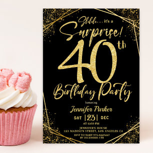 Surprise 40th Birthday Party Black & Gold Glitter Invitation
