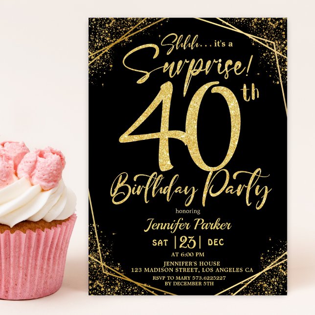Surprise 40th Birthday Party Black & Gold Glitter Invitation (Creator Uploaded)