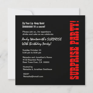SURPRISE 40th Birthday Party Black Red Metallic Invitation