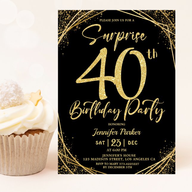 Surprise 40th Birthday Party Chic Black & Gold  Invitation (Creator Uploaded)