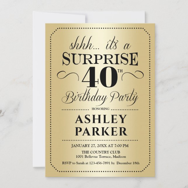 Surprise 40th Birthday Party - Gold Invitation (Front)