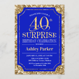 Surprise 40th Birthday Party - Gold Royal Blue Invitation