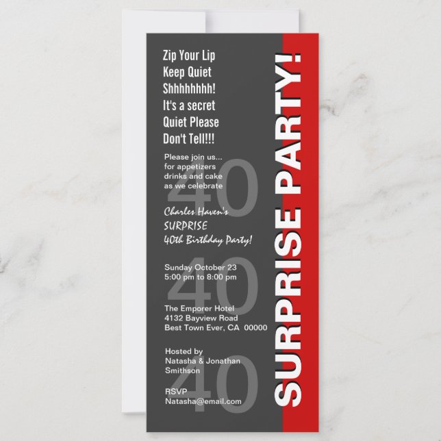SURPRISE 40th Birthday Party Modern Grey Red V3 Invitation (Front)