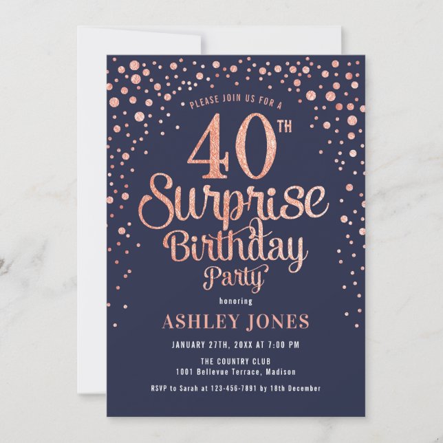 Surprise 40th Birthday Party - Navy & Rose Gold Invitation (Front)