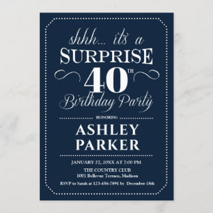 Surprise 40th Birthday Party - Navy White Invitation