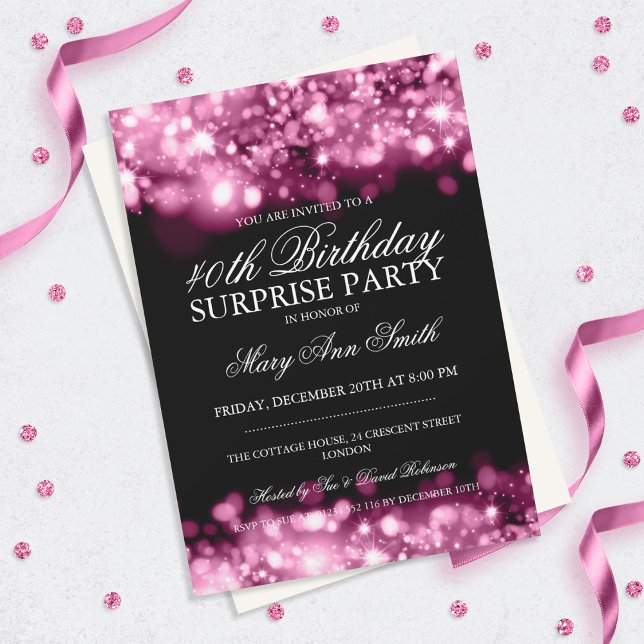 Surprise 40th Birthday Party Pink Sparkling Lights Invitation (Creator Uploaded)