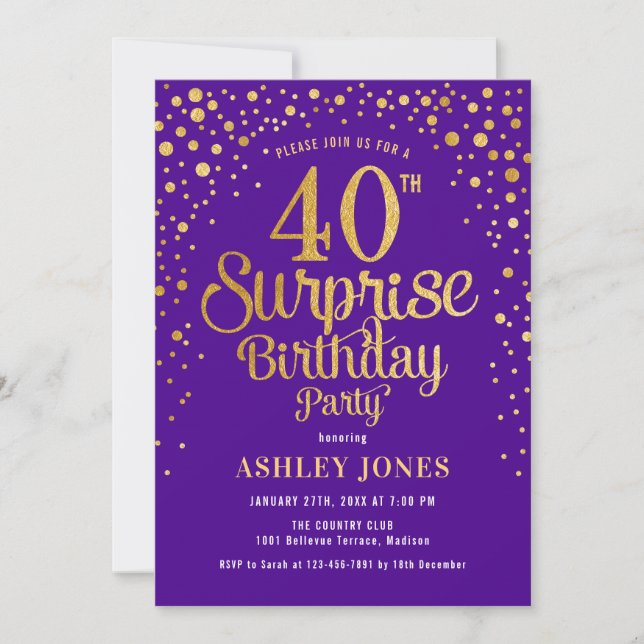 Surprise 40th Birthday Party - Purple & Gold Invitation (Front)