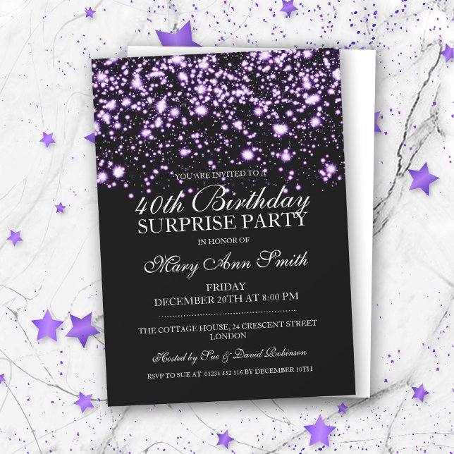 Surprise 40th Birthday Party Purple Midnight Glam Invitation (Creator Uploaded)