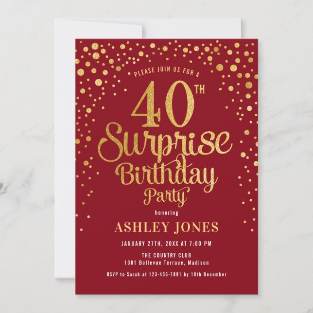 Surprise 40th Birthday Party - Red & Gold Invitation (Front)