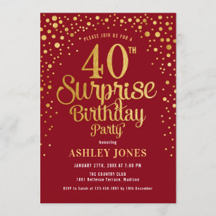 Surprise 40th Birthday Party - Red & Gold Invitation