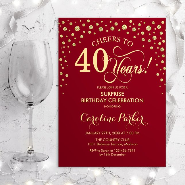Surprise 40th Birthday Party - Red Gold Invitation (Creator Uploaded)