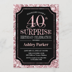 Surprise 40th Birthday Party - Rose Gold Black Invitation