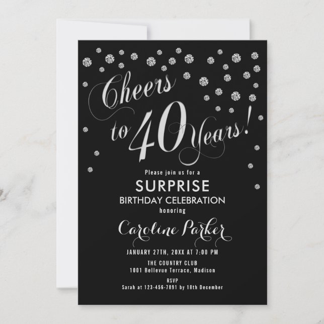 Surprise 40th Birthday Party - Silver Black Invitation (Front)