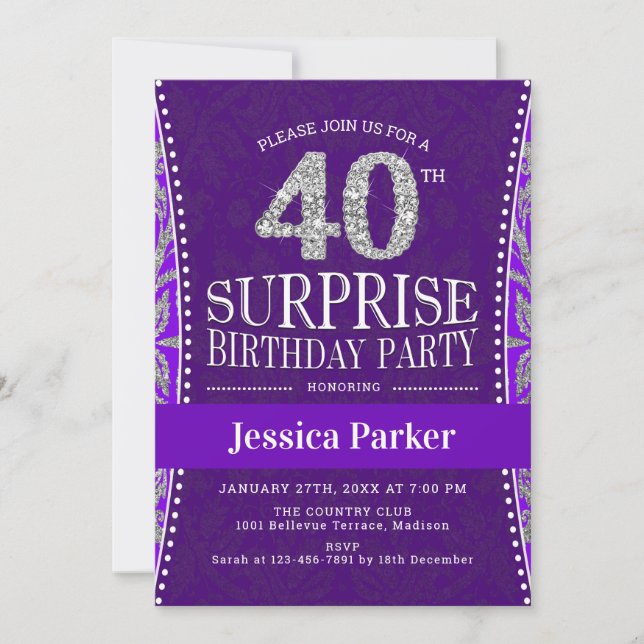 Surprise 40th Birthday Party - Silver Purple Invitation (Front)
