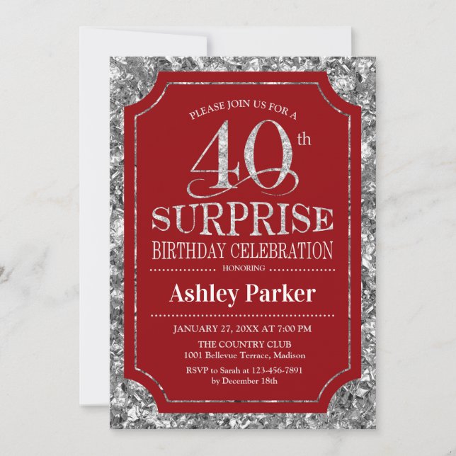 Surprise 40th Birthday Party - Silver Red Invitation (Front)