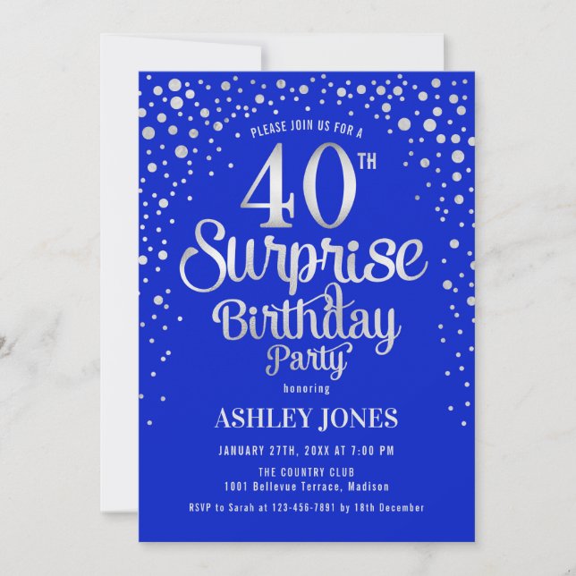 Surprise 40th Birthday Party - Silver & Royal Blue Invitation (Front)