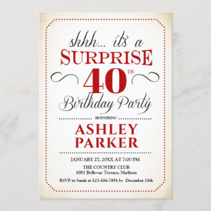 Surprise 40th Birthday Party - White Red Black Invitation