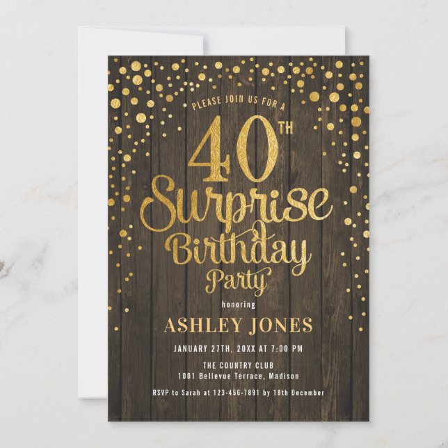 Surprise 40th Birthday Party - Wood & Gold Invitation (Front)