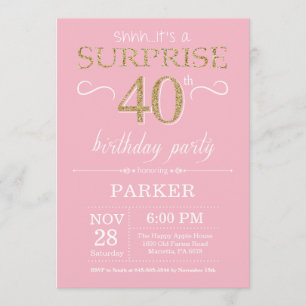 Surprise 40th Birthday Pink and Gold Glitter Invitation