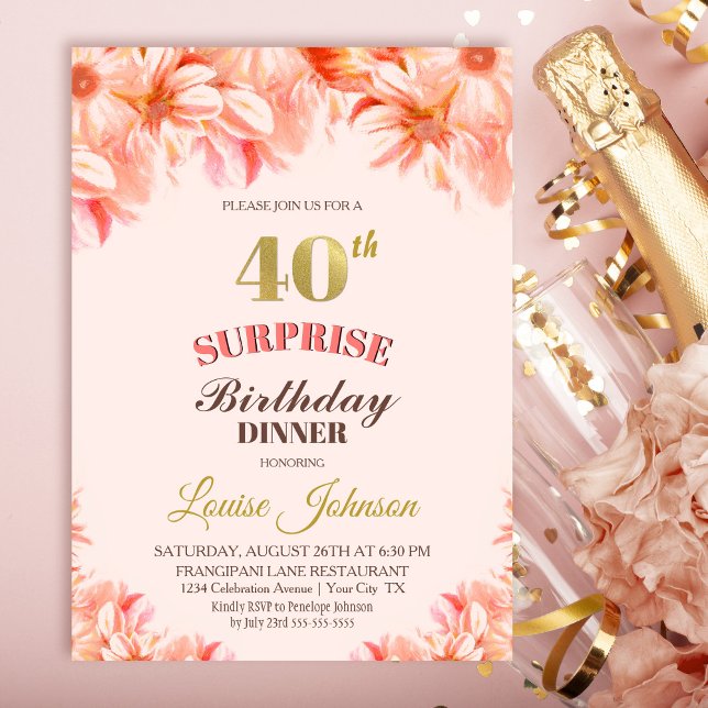Surprise 40th Birthday Pink Gold Floral Dinner Invitation (Creator Uploaded)
