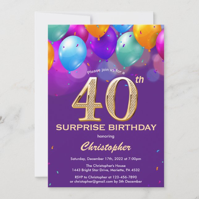Surprise 40th Birthday Purple and Gold Balloons Invitation (Front)