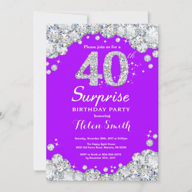 Surprise 40th Birthday Purple and Silver Diamond Invitation (Front)
